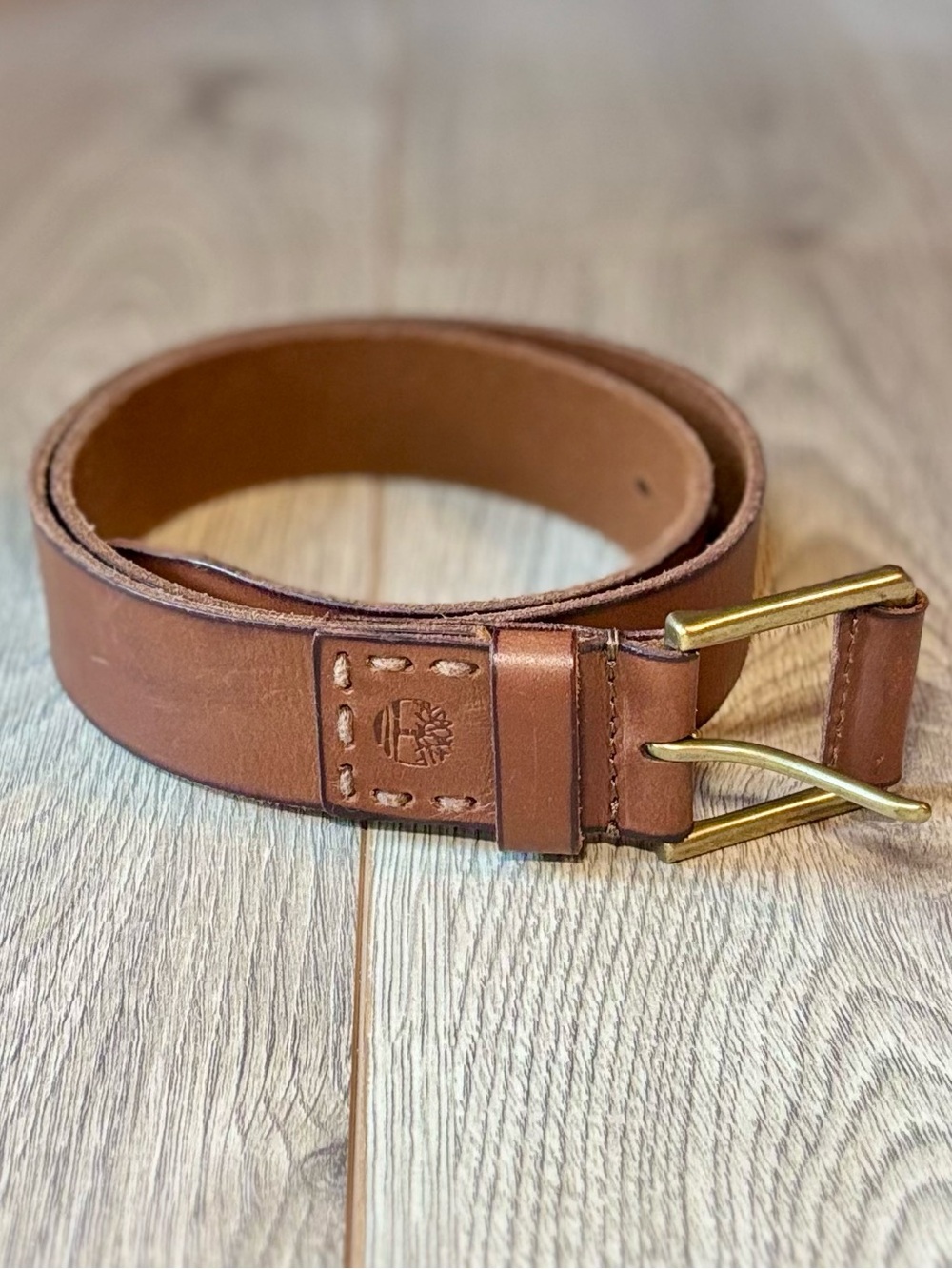 Timberland Mens Brown Genuine Leather Belt Size 34 Antique Metal Buckle